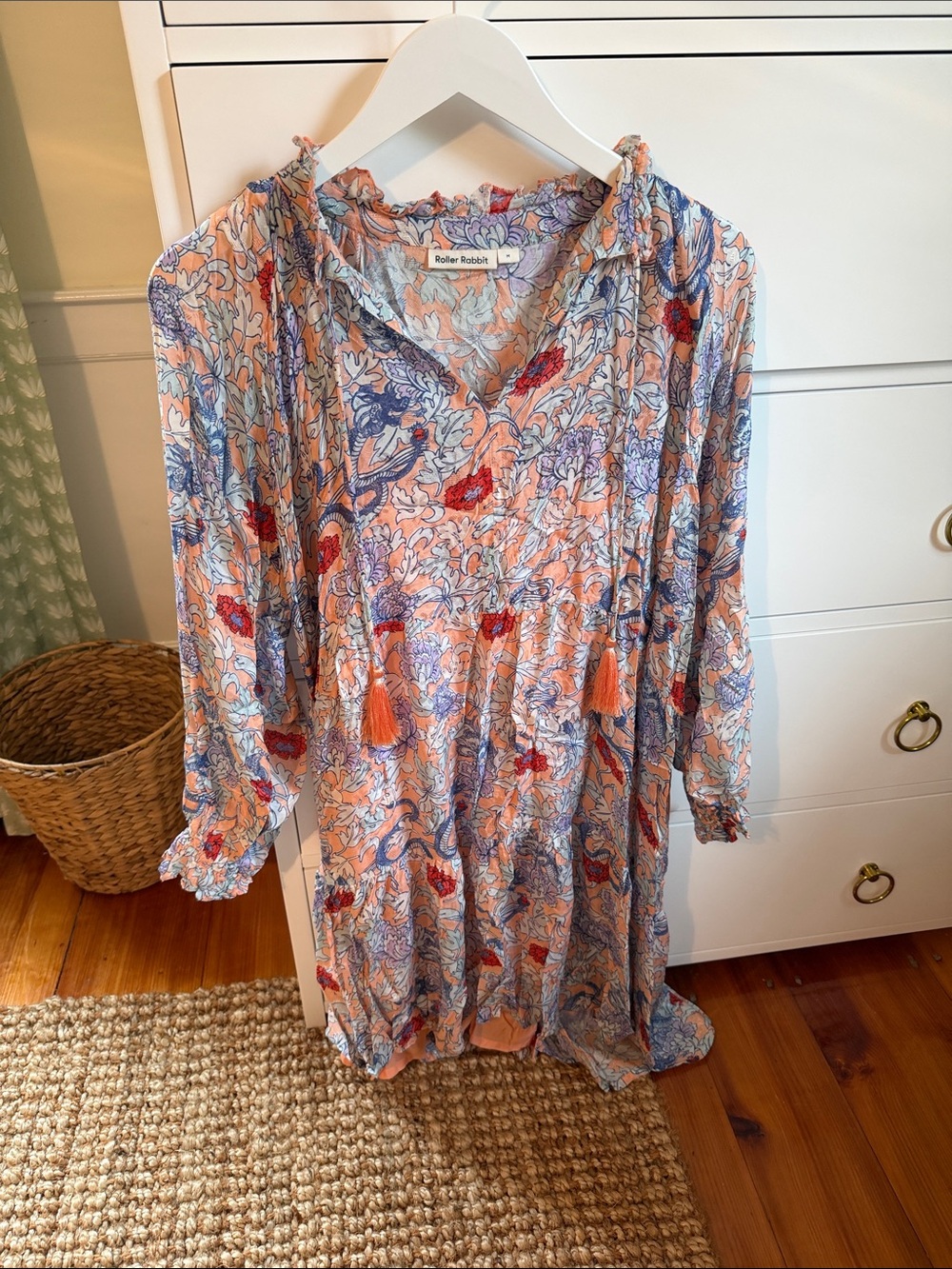 Roller Rabbit Peach Floral Long-Sleeve Tunic Dress with Tassels